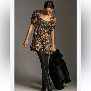 Anthropologie Farm Rio Short-Sleeve Sweetheart Floral Mini Dress